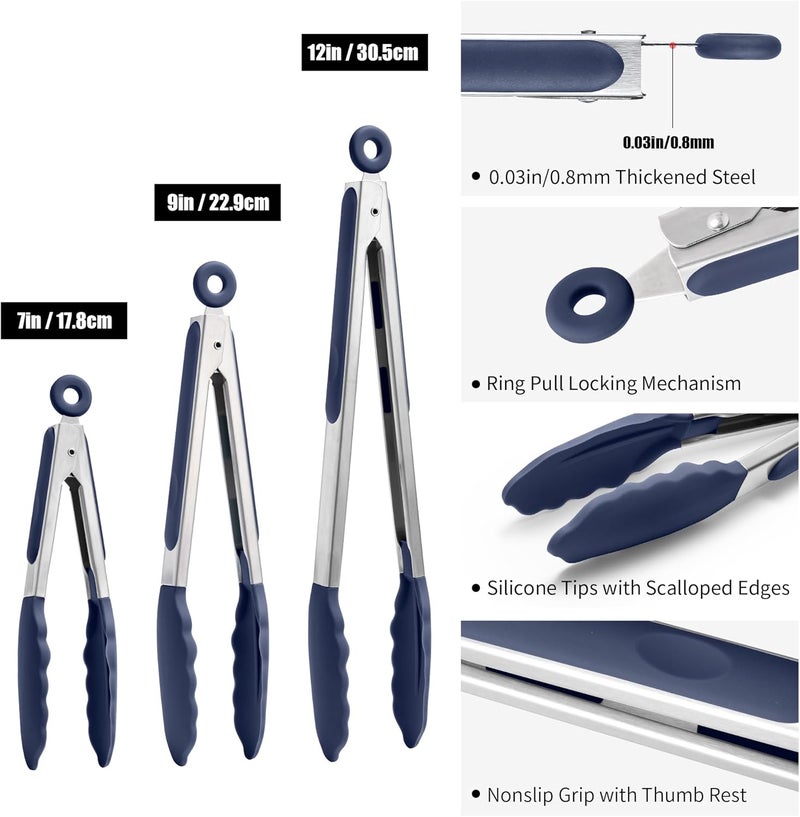 Doosu Kitchen Tongs for Cooking - 600°F Heat Resistant Food Tong Set with Non-Scratch Silicone Tips, Heavy Duty Stainless Steel Locking Tong for BBQ, Grilling Steak, Serving (7+9+12in, Navy Blue) - Image 2